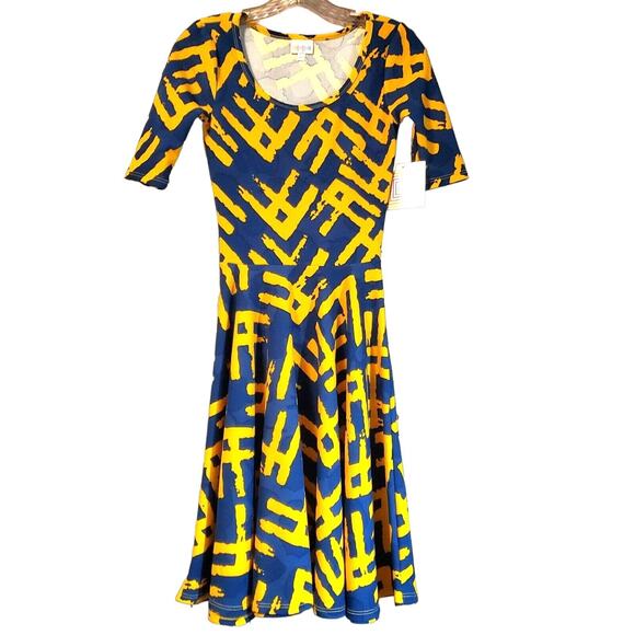 LuLaRoe Yellow & Blue Nicole Style Dress Size XXS Half Sleeve A-Line Skirt NWT - Picture 2 of 9
